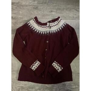 Women's Burgundy Lambswool Cardigan Sweater with Nordic Pattern